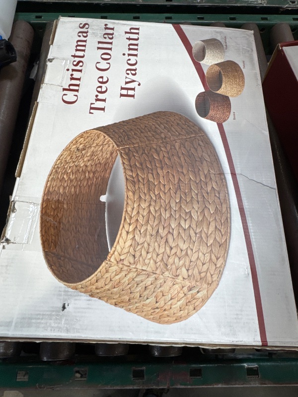 Photo 1 of 28in Christmas Tree Collar - Woven Hyacinth Tree Collars for Artificial Trees - Rattan Rustic Farmhouse Basket for Tree Base Cover with Cord Cut-Out for 6ft 7.5ft Tree (Washed White)