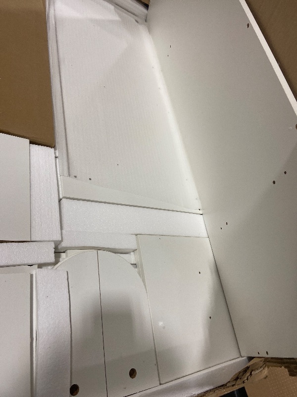 Photo 1 of ***Mirror is broken---major damage---------------------------------LIVELYGLOW Large Makeup Vanity Desk, 43.3”W x 15.7“D x 53.2”H, White (Large Desktop, Samrt LED Mirror, 4 Open Shelves, 7 Drawers, Hairdryer Rack, Power-Outlet, No Cushion Stool Included)