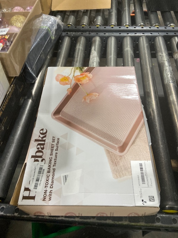 Photo 1 of HONGBAKE 3 Pack Gold Nonstick Baking Sheet Pan Set with Oven Mitts Heat Resistant, Non-Toxic Half/Quarter/Jelly Roll Pans with Diamond Texture Pattern, Heavy Duty 0.8mm Thick Cookie Trays for Cooking