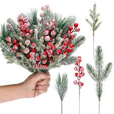 Photo 1 of Lyrow 80 Pieces Christmas Snowy Pine Tree Picks Artificial Berry Stems Sprays Faux Cedar Pine Needles Branches for Holiday Arrangement Wreath DIY Garland Holiday Decor Winter Greenery (Red)
