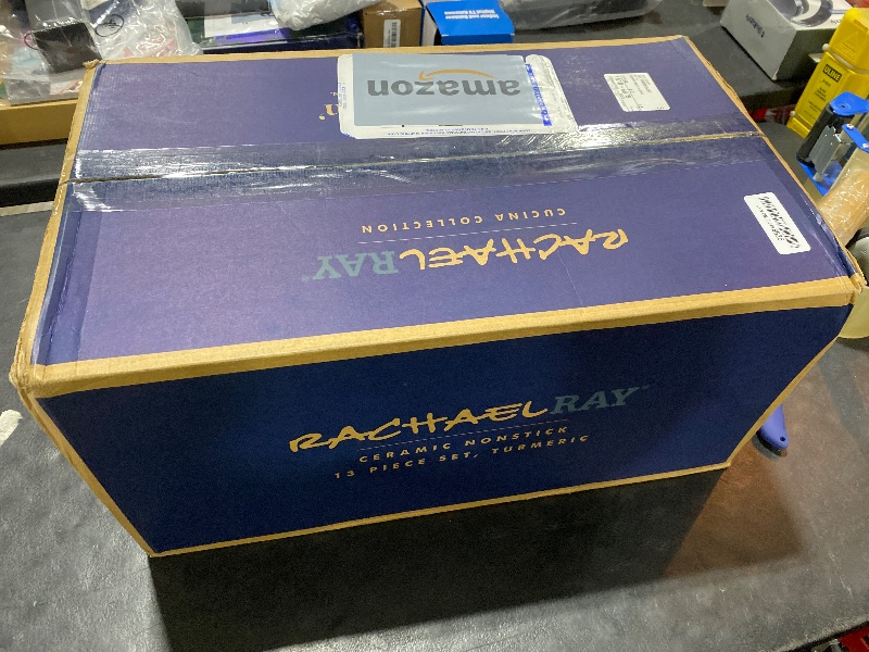 Photo 1 of Rachael Ray Cucina Ceramic Cookware Set - 13 Pieces - Ceramic Pots and Pans Set w/Nonstick Frying Pans, Saute Pan, Saucepans, Stockpot, Lids, Pan Protectors & Cooking Utensils - Turmeric