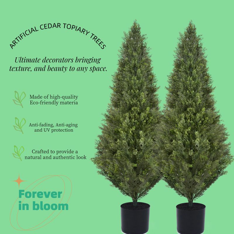 Photo 1 of 2 Pack 4FT Realistic Faux Cedar Tree Beautiful Artificial Topiary Tree,4 Feet Tall, UV Protection for Longer Life, Faux Evergreen Plants for Outdoor and Indoor Decor Set of 2
