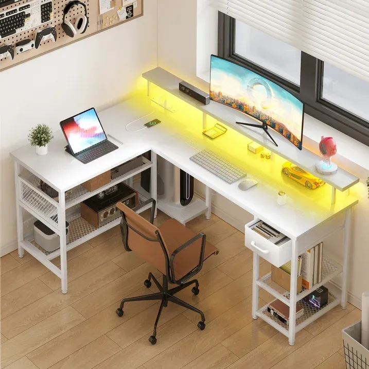 Photo 1 of Reversible 59 inch L Shaped Computer Desk with LED Lights & Power Outlet, Gaming Table with Monitor Stand & Storage Drawer, Corner Desk with Storage Shelves, Pure White