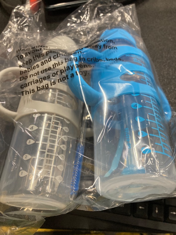 Photo 1 of ***FACTORY SEALED BAG***Dr. Brown's Milestones Narrow Sippy Straw Bottle, Spill-Proof with 100% Silicone Handles and Weighted Straw, 8 oz/250 mL, Blue/Gray, 6m+***FACTORY SEALED BAG***