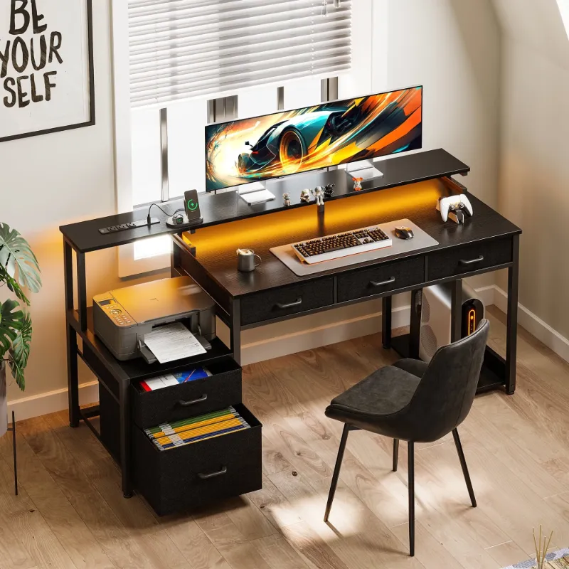 Photo 1 of 55 inch Computer Gaming Desk with LED Lights & Power Outlets, Home Office Desk with Storage Shelves & 5 Fabric Drawers, File Cabinet Monitor Stand, Black