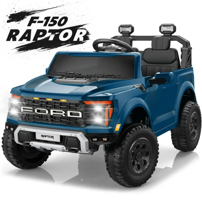 Photo 1 of 24V Ride on Cars 2 Seater for Kids, Ford F150 Raptor Battery Powered Ride on Toys Truck with Remote Control, 4 Wheels Spring Suspension, Electric Car for Kids Toddler 3-8 w/Bluetooth & Lights, Blue