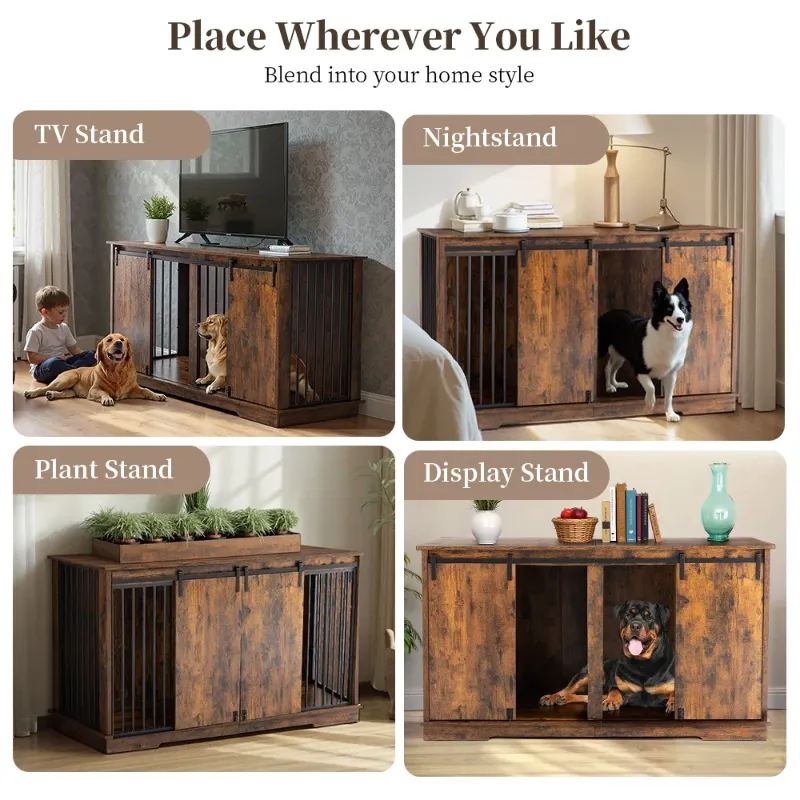 Photo 1 of ***MISSING HARDWARE***Double Dog Crate Furniture for 2 Dogs, DOMIPET Heavy-Duty Dog Kennel TV Stand with Divider and Sliding Doors, Large Dog Cage for Pet Cat Animals***MISSING HARDWARE***