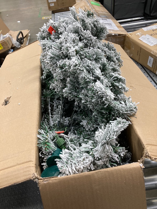 Photo 1 of 7FT Snow Flocked Artificial Full Christmas Tree, Unlit Pine Christmas Tree with 760 Branch Tips and Foldable Base, Hinged Holiday Tree for Home, Party Decoration (Unlit Green-White, 7FT)