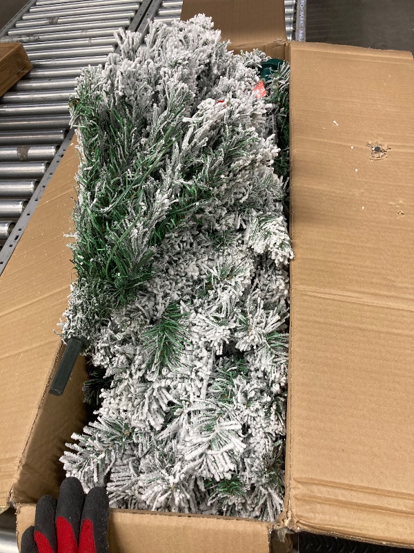 Photo 1 of 7FT Snow Flocked Artificial Full Christmas Tree, Unlit Pine Christmas Tree with 760 Branch Tips and Foldable Base, Hinged Holiday Tree for Home, Party Decoration (Unlit Green-White, 7FT)