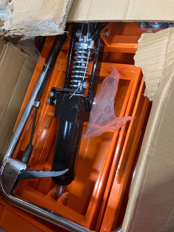 Photo 2 of VEVOR Hydraulic Lift Table Cart, 330lbs Load Capacity 50 Inch Lifting Height, Manual Single Scissor Lift Table with Non-Slip Pad and 4 Wheels, Hydraulic Scissor Cart for Material Handling, Orange