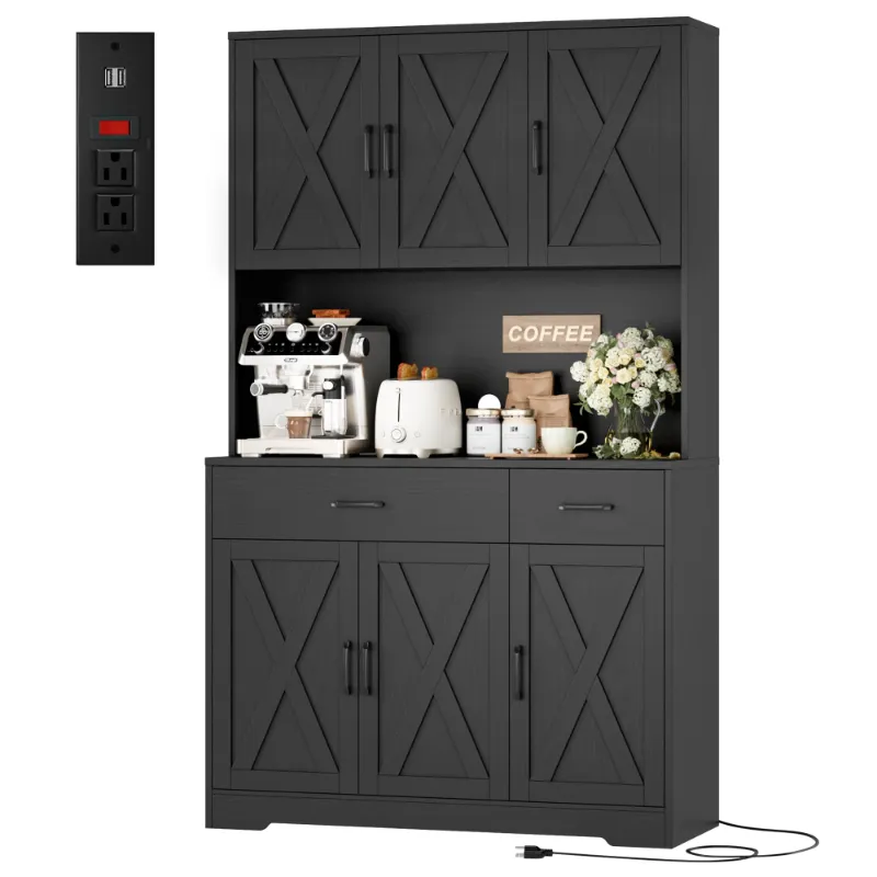 Photo 1 of Homfa 71" Kitchen Pantry with Charging Station, Freestanding Cupboard with Adjustable Shelves, Floor Cabinet for Dining Room, Black Wood Grain