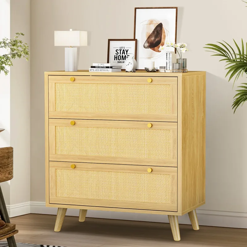 Photo 1 of Capri Rattan 3 Drawer Dresser, Storage Chest of Drawers, Bedside Night Stand Storage Cabinet for Women, Kids, Baby, Nursery, Girls, Bedroom Living Room Furniture, Natural
