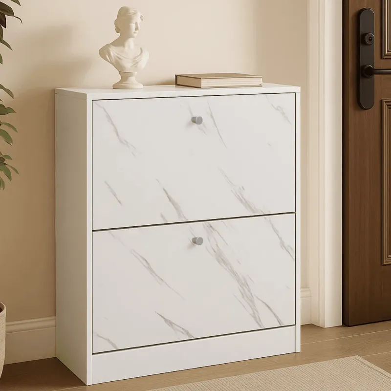 Photo 1 of Dowellia 2 Drawer Shoe Cabinet,Wooden Shoes Organizer Cupboard Unit Hallway Furniture,freestanding Entryway 2 tier Modern Shoe Rack Cabinet Footwear Stand for Shoes (Marble White)
