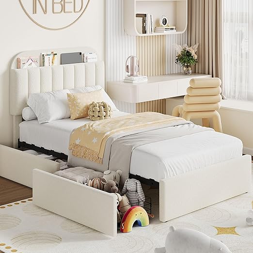 View 1 of **THE PHOTO, AND DESCRIPTION, IS ONLY TO THE REFERENCE Garvee Twin Size Bed Frame with 2 Flexible Drawers, Boucle Upholstered Platform Bed Frame with Bookcase Headboard, Bedframe for Kids/Girls, Easy Assembly, No Box Spring Needed, Noise Free, Beige