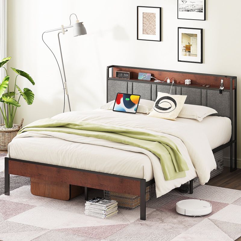 Photo 1 of NISIEN Queen Bed Frame, Platform Bed Queen Size with Charging Station and Storage Upholstered Headboard, Gray
