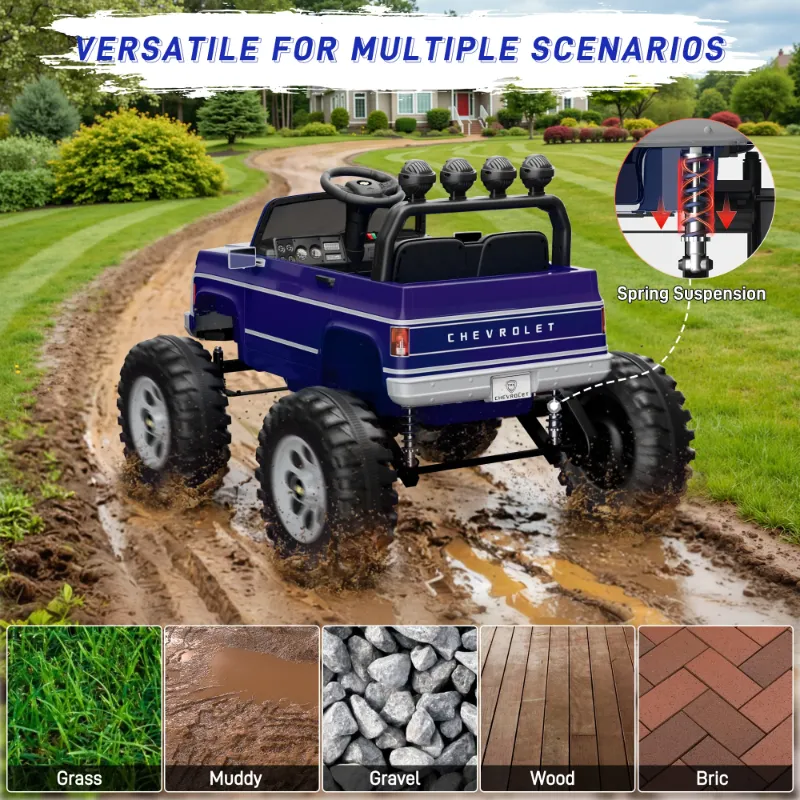 Photo 1 of 24V 2 Seater Ride on Cars, Licensed Chevrolet Cheyenne Powered Ride on Toys Truck with Remote Control, 4 Wheels Spring Suspension, Bluetooth, LED Light, Electric Cars for Kids Ages 3-8 Gifts, Blue