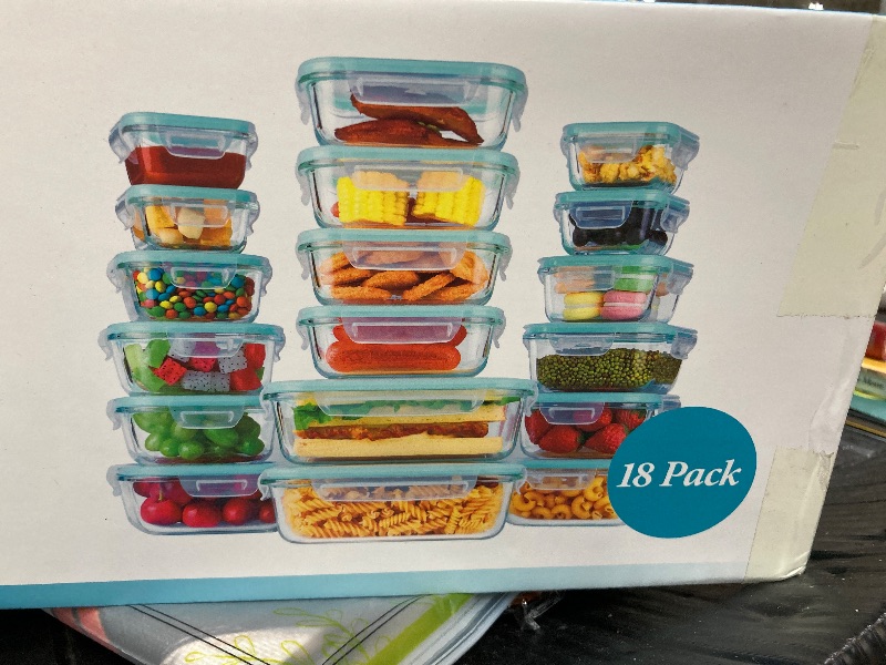 Photo 1 of ***LIDS ARE VARIOUS COLORS, NOT ALL BLUE***18 Piece Glass Food Storage Containers with Lids, Glass Meal Prep Containers, food storage Containers for Food Storage with Lids, BPA Free & Leak Proof (9 lids & 9 Containers)***LIDS ARE VARIOUS COLORS, NOT ALL B