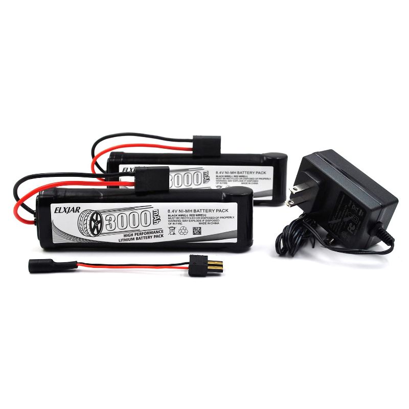 Photo 1 of (2-Pack) 8.4V 3000mAh Ni-MH Battery with TRX Plug and Charger Replacement for RC Car Truck Boat Buggy Tamiya Traxxas Kyosho HPI LOSI