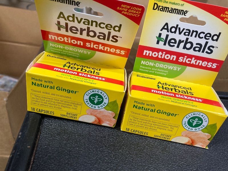 Photo 1 of ***EXP 3/2026***PACK X 2 From the Makers of Dramamine, Advanced Herbals with Natural Ginger, for Nausea Relief, Morning Sickness Relief & Motion Sickness Relief During Travel, 18 Capsules***EXP 3/2026***