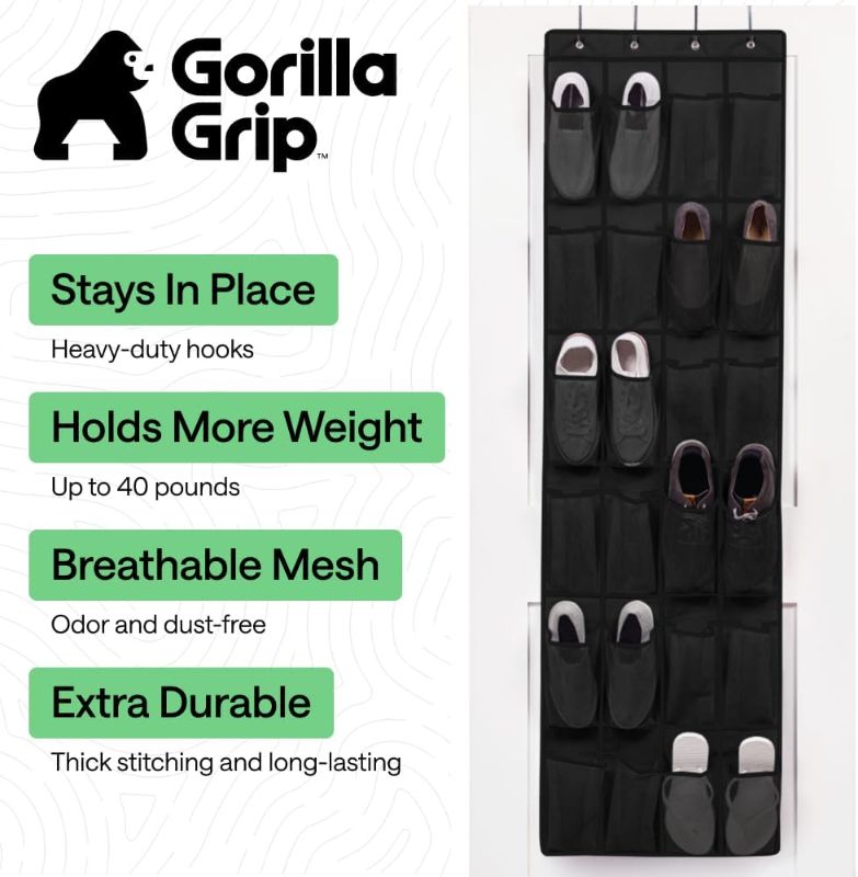 Photo 1 of **MISSING HOOKS**GORILLA GRIP Over the Door Shoe Organizer, 24 Large Breathable Mesh Pockets, Space Saving Hanging Storage Holder, Closet Rack Hanger Holds Up to 40 lbs, Hangs on Closets for Shoes, Accessories, Black
