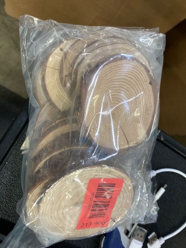 Photo 1 of **CONTAINS ONLY 14 PIECES OF WOOD-ALL HAVE CRACK HALF WAY THRU/NO STRING***Unfinished Natural Wood Slices 3.5-4 Inch Wood Coaster Sets Pieces Craft Wood kit Predrilled with Hole Wooden Circles Great for Arts and Crafts Christmas Ornaments DIY Crafts Rusti