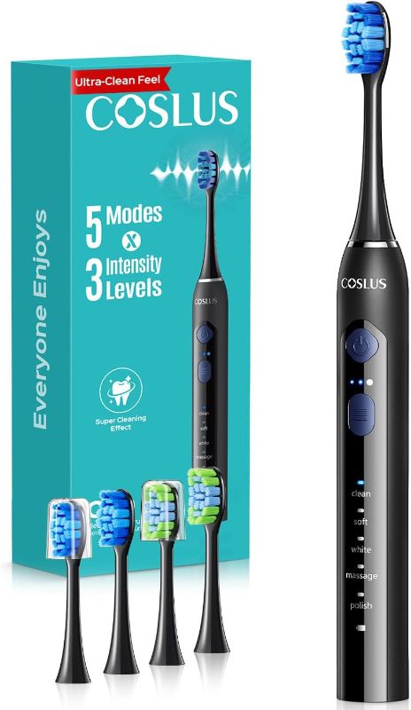 Photo 1 of **MISSING ONE BRUSH/NOT IN ORIGINAL BOX**COSLUS C30 Electric Toothbrush for Adults: 3 Intensities & 5 Modes Customized for Effective Yet Gentle Ultra-Clean Feel, 2 Types of Heads for Gentle or Daily Care, Travel & Home Use, Black, 1PC  EST VALUE 9.99