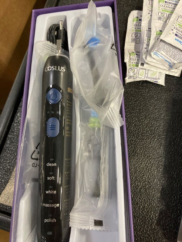 Photo 1 of **MISSING ONE BRUSH/NOT IN ORIGINAL BOX**COSLUS C30 Electric Toothbrush for Adults: 3 Intensities & 5 Modes Customized for Effective Yet Gentle Ultra-Clean Feel, 2 Types of Heads for Gentle or Daily Care, Travel & Home Use, Black, 1PC  EST VALUE 9.99