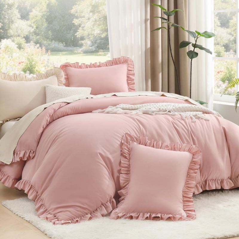 Photo 1 of ***ONLY COMFORTER/MISSING PARTS***Litanika Full Size Comforter Sets, 3 Pieces Blush Pink Ruffle Girls Women Cute Bedding Comforters & Sets, Lightweight Fluffy Microfiber as Gift (79x90In Comforter & 2 Pillowcases)