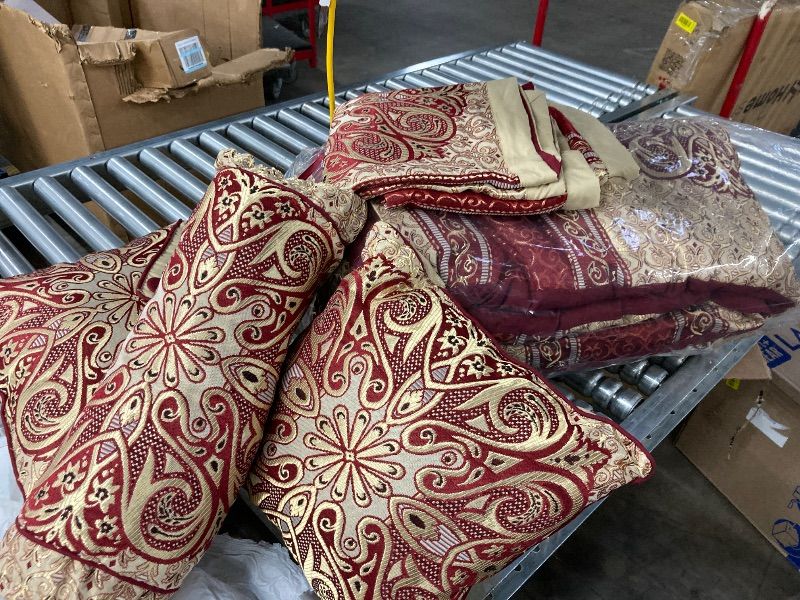 Photo 1 of **INCLUDES COMFORTER, 2 PILLOW CASES AND 3 PILLOWS**Stratford Park Gold/Wine King Comforter Set, 7 Piece, Burgundy Home Decor, Premium Lightweight Microfiber, Bedskirt, Pillows & Shams