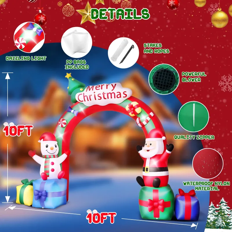 Photo 1 of 10FT Christmas Inflatable Archway Santa Claus and Snowman with Bow LED Lights Yard Art Decoration
