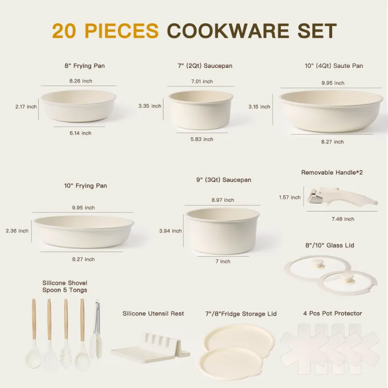 Photo 1 of Astercook 20 Piece Pots and Pans Set Non Stick, Cookware Set with Detachable Handle, Oven Safe, Induction Ready, Stackable RV Kitchen Cooking Set Removable Handles, Cream White
