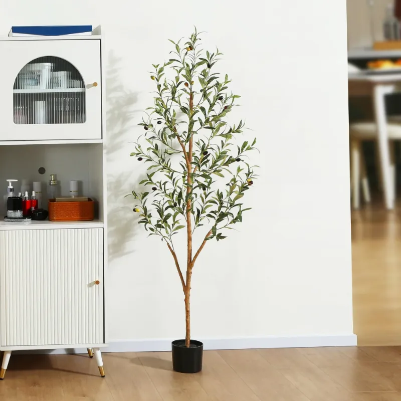 Photo 1 of 2 Pack 5 ft Artificial Olive Plants with Realistic Leaves and Natural Trunk, Silk Fake Olive Tree in Black Plastic Pot, Faux Olive Tree for Office Home