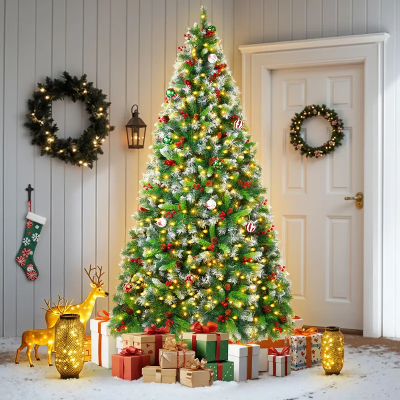 Photo 1 of Firstness 6ft Pre-Lit Artificial Christmas Tree,Green Xmas Tree with 1000 Branch Tips 300 LED Lights,Pine Cones + Red Berries