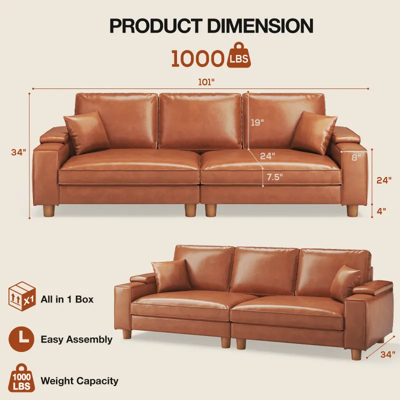Photo 1 of 101" Large PU Leather Sofa Couch, Spring Cushion Modern Couch with 24" Extra Deep Seat, Wide Storage Armchair, Comfy Upholstered Oversized Loveseat (Includes 2 Pillows) for Living Room, Office, Brown