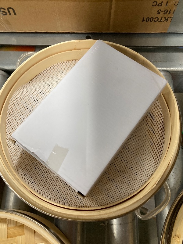 Photo 1 of **MISSING LINERS/NEEDS CLEANING***Dumpling Bamboo Steamer 10 Inch 2 Tier Wooden Basket With Handle, Ring Adapter, Reusable Silicone Liner, Kit For Cooking Baby Bao Bun, Dim Sum, Rice Potsticker Steaming Chinese Asian Food & Vegetables