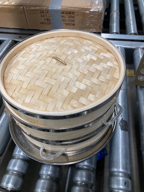 Photo 1 of **MISSING LINERS/NEEDS CLEANING***Dumpling Bamboo Steamer 10 Inch 2 Tier Wooden Basket With Handle, Ring Adapter, Reusable Silicone Liner, Kit For Cooking Baby Bao Bun, Dim Sum, Rice Potsticker Steaming Chinese Asian Food & Vegetables