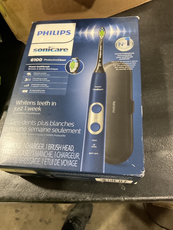 Photo 1 of Philips Sonicare ProtectiveClean 6100 Rechargeable Electric Toothbrush, with Pressure Sensor, 3 Cleaning Modes, SmarTimer and QuadPacer, 14-Day Battery Life, Travel Case, Navy Blue, Model HX6871/49
