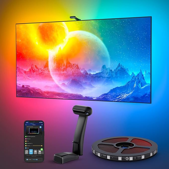 Photo 1 of Govee Envisual TV Backlight T2 with Dual Cameras, 16.4ft RGBIC Wi-Fi LED Backlights for 75-85 inch TVs, Double Light Beads, for Home Decorations, Smart App Control, Music Sync