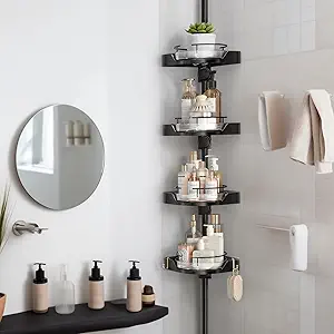 Photo 1 of 360° Rotating Corner Shower Caddy Tension Pole Organizer - 4-Tier Adjustable Rustproof Metal Pole, Plastic Shelves with Safety Guardrail, Bathroom Storage for Shower & Bathtub(Black