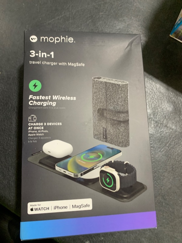 Photo 1 of Mophie 3-in-1 Travel Charger with MagSafe - Portable Wireless Charging Hub, Compatible w/Apple Devices, iPhone 17/16/15/14/13/12 Series, Apple Watch Series 11 to 1 & Ultra, AirPods Pro/3rd Gen, Black
