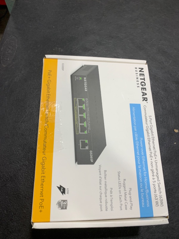 Photo 1 of NETGEAR 5-Port PoE Gigabit Ethernet Unmanaged Essentials Switch (GS305P) - with 4 x PoE+ @ 63W, Desktop or Wall Mount