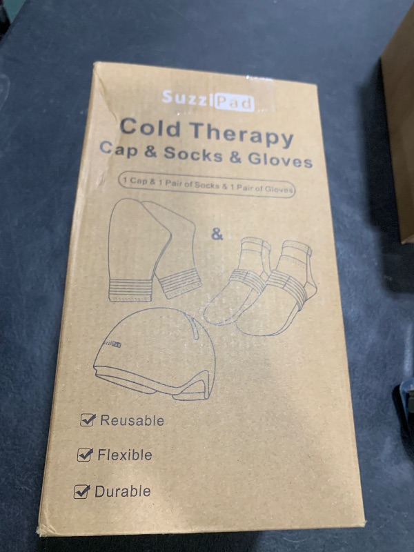 Photo 1 of SuzziPad Ice Pack Stress Relief Cap & Cooling Socks & Cold Gloves for Chemotherapy, Comfort Items for Chemo Patients, Smoothe discomfort for feet, Head and Hand, S/M