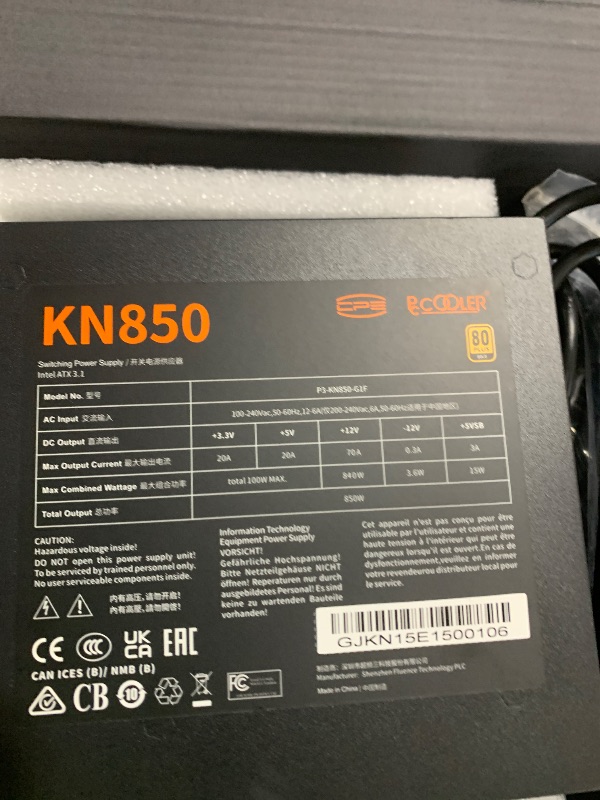 Photo 1 of PCCOOLER PSU Fully Modular Power Supply, 850W ATX 3.1, 80 Plus Gold Certified, PCIe 5.1 12V-2×6, Japanese Capacitors, Ultra-Flexible Cables, 5-Year Warranty?KN850?