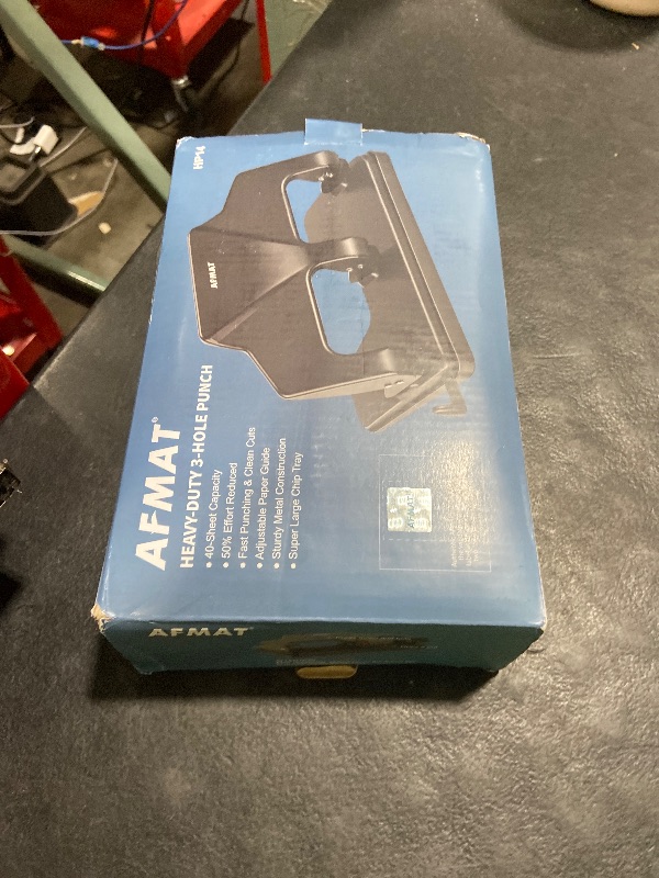 Photo 1 of AFMAT 3 Hole Punch Heavy Duty, 40-Sheet Three Hole Punch, 50% Reduced Effort Metal Paper Puncher w/Large Chip Tray, Black, Model: HP14