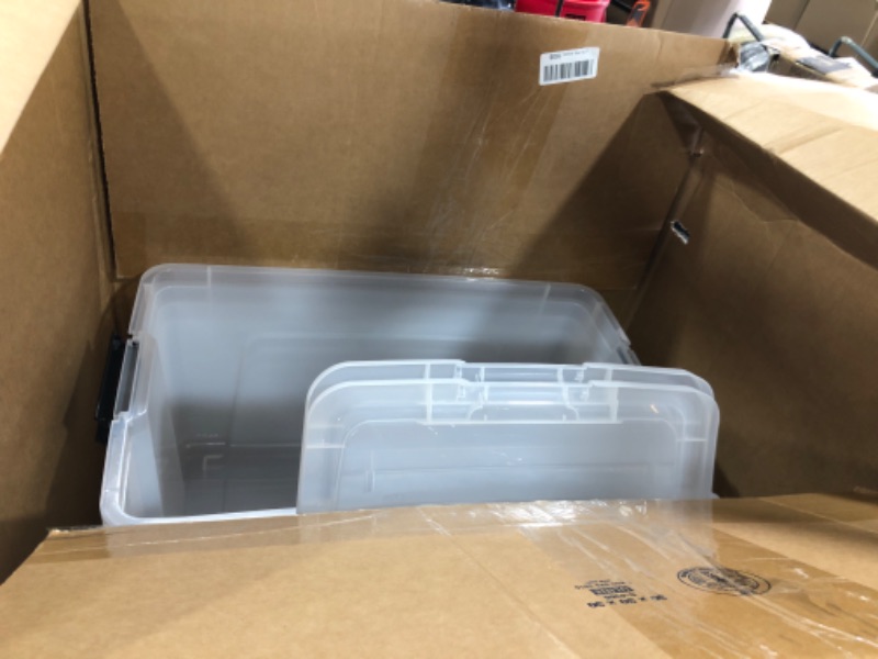 Photo 1 of IRIS USA 72 Qt Stackable Plastic Storage Bins with Lids, 4 Pack - BPA-Free, Made in USA - See-Through Organizing Solution, Latches, Durable Nestable Containers, Secure Pull Handle - Clear