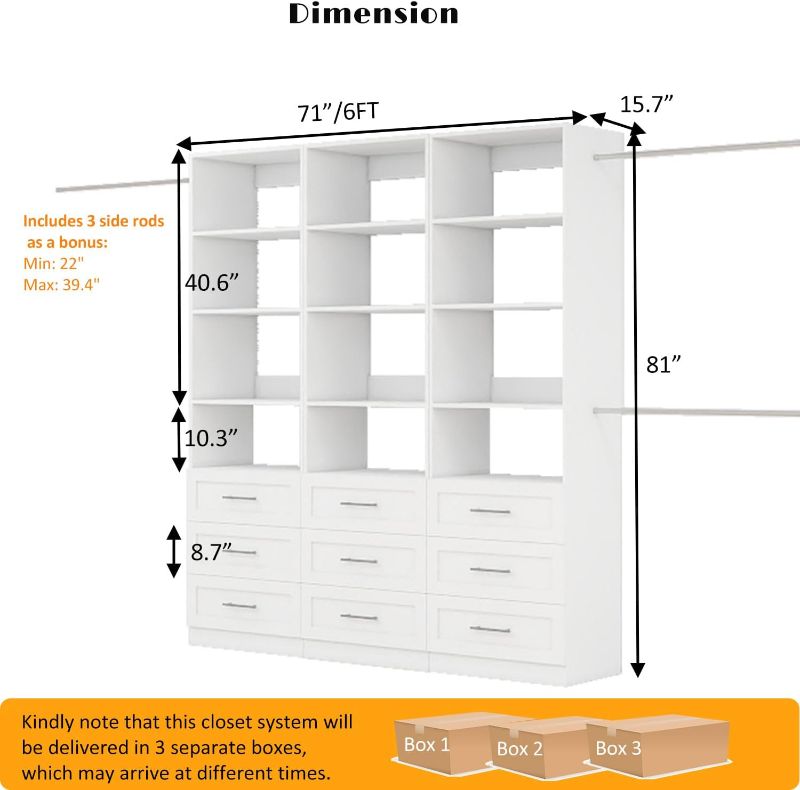 Photo 1 of Closet Organizer System with Drawers, 6FT Wood Closet Shelving System Small Walk in Closet Standalone Corner Closets Storage with Hanging Rods White (6FT)
