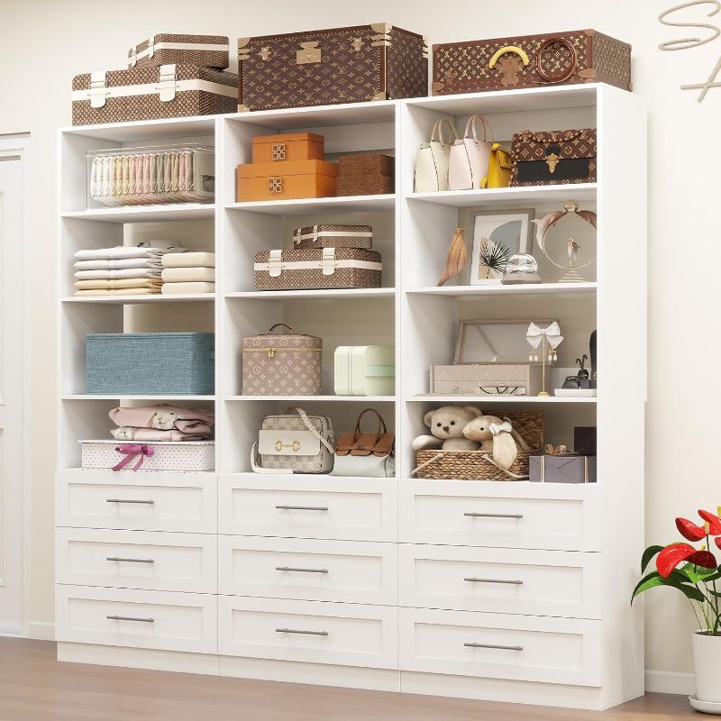 Photo 1 of Closet Organizer System with Drawers, 6FT Wood Closet Shelving System Small Walk in Closet Standalone Corner Closets Storage with Hanging Rods White (6FT)
