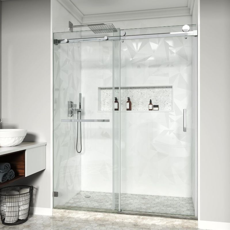 Photo 1 of Frameless Single Sliding Door, Square Guide Bar, 56" - 60" W × 79" H, SGCC Certified 3/8" (10 mm) Clear Tempered Glass, Frameless Shower Doors, Noiseless (Chrome, 60W*79H)
