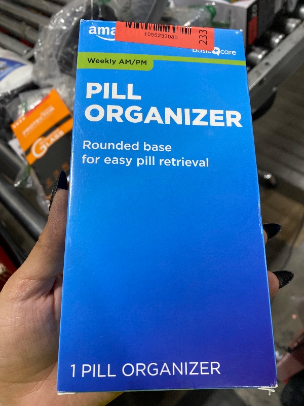 Photo 1 of Amazon Basic Care (7-Day) AM/PM Pill Organizer, Vitamin Case, And Medicine Box, Large Compartments, 2 Times a Day, Blue and Clear Lids