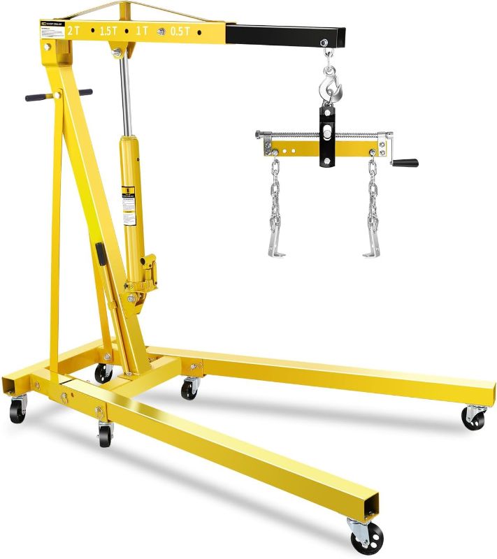 Photo 1 of 2-Ton Shop Crane with Lever, Hydraulic Folding Engine Hoist w/6 Steel Casters - Lift Car Transmissions, Boat Motors, Farm Equipment